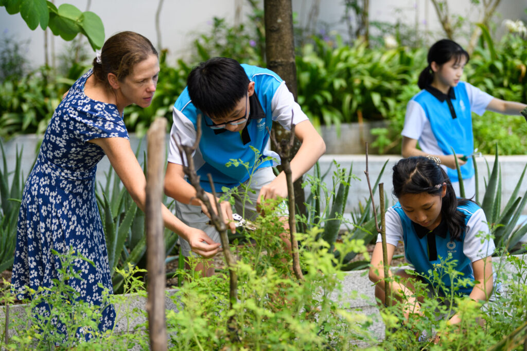 Teacher and students tending to the school garden